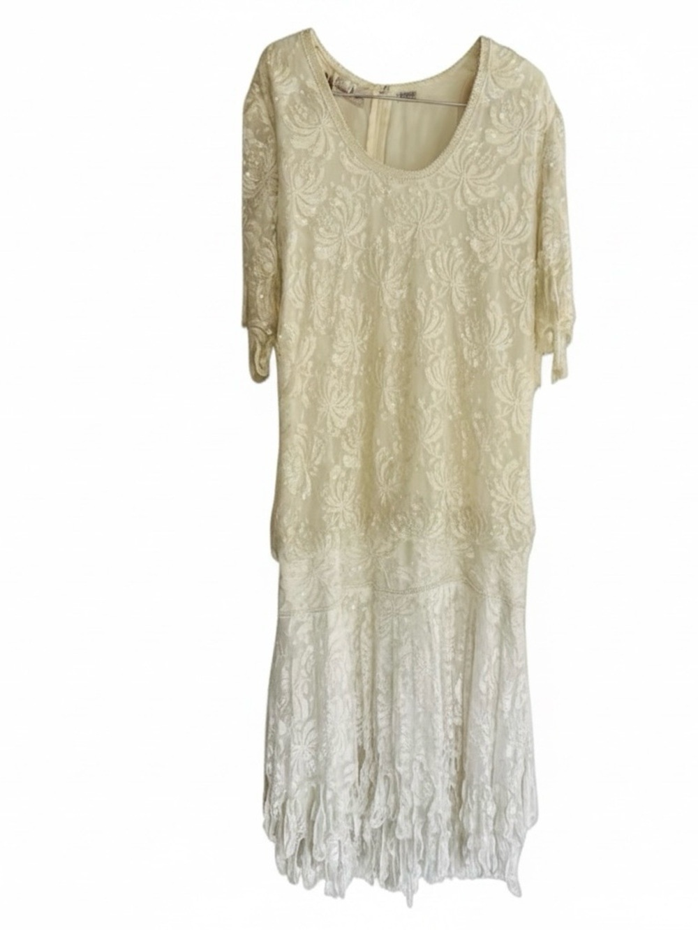 Laurence Kazar 80's White Lace Heavily Beaded Pearl Wedding Dress Sz M‎ Flapper